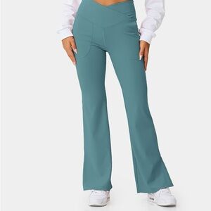 Halara crossover flare leggings stone green